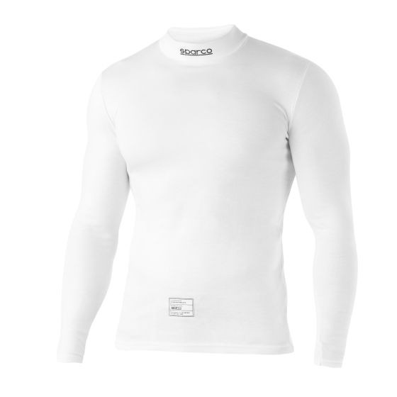White long sleeve top made of lightweight material, featuring a high collar and Sparco logo on the neck, designed for comfort and performance in racing. Size: XXXL.