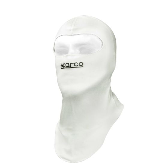 White Nomex balaclava featuring a smooth finish, a full-face design, and a logo on the front, designed for racing use without FIA/SFI certification.