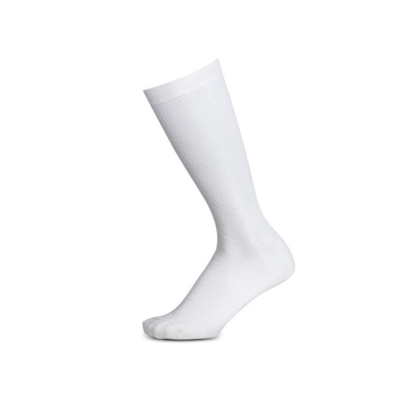 White Sparco RW-4 socks in size XXS, featuring a ribbed texture and a knee-high design, made from breathable material for comfort during racing.