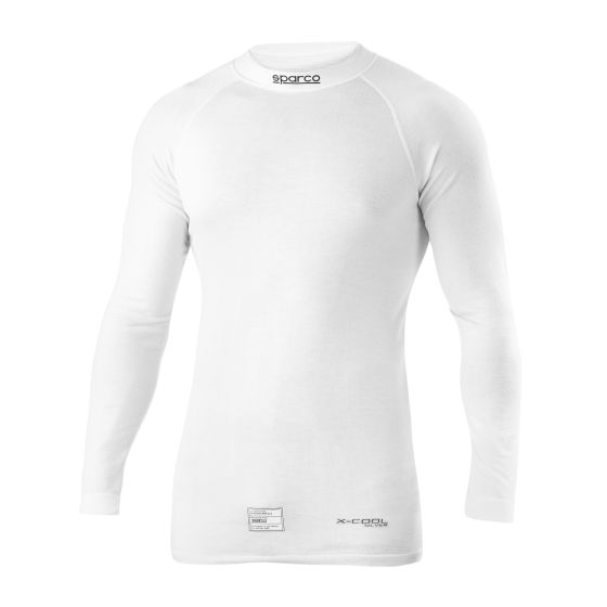 White long sleeve top made of breathable material, featuring a fitted design, raglan sleeves, and Sparco branding on the neckline and hem, available in XL/XXL sizes.