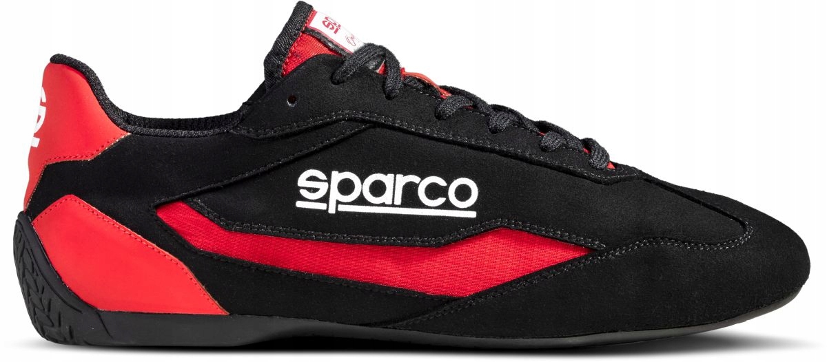 Black and red Sparco S-Drive shoes featuring a sleek design, suede and synthetic materials, with a prominent white logo and a textured black sole, size UK 9 / EUR 43.