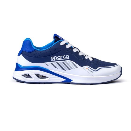 Navy blue and white Sparco S-Light shoes, featuring a breathable mesh upper, cushioned sole, and prominent branding, size UK 8 / EUR 42.