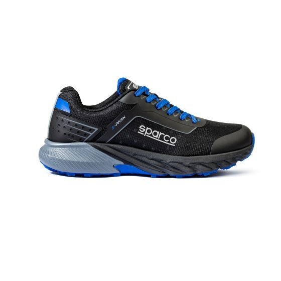 Black and blue Sparco S-Park safety shoes in size UK 7/EUR 41, featuring a breathable mesh upper, cushioned sole, and reinforced toe for enhanced protection.