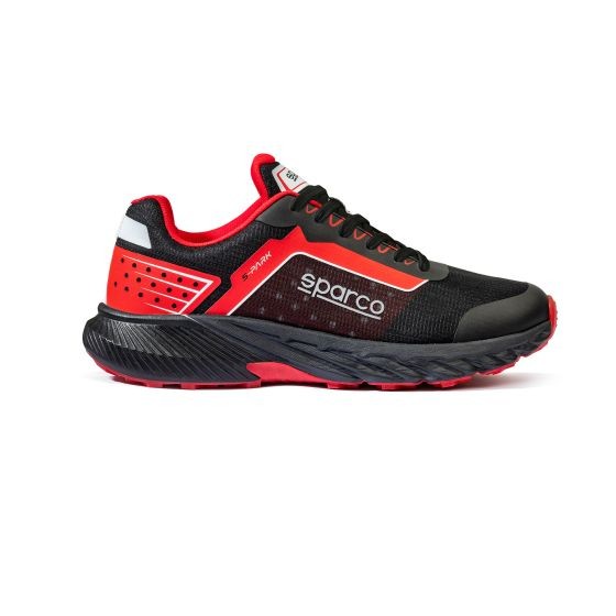Black and red Sparco S-Park safety shoes, UK size 7 / EUR 41, featuring a breathable mesh upper, padded collar, and durable rubber sole with a sporty design.