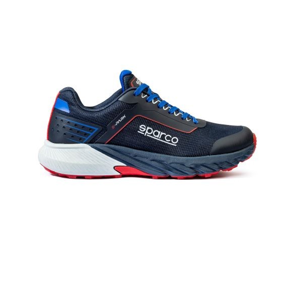 Navy blue and red Sparco S-Park safety shoes in size UK 9/EUR 43, featuring a textured upper, padded collar, and a durable rubber sole.