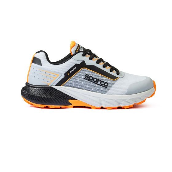 Sparco S-Park safety shoes in silver and black with orange accents, featuring a breathable mesh upper, reinforced toe, and a cushioned sole, size UK 7/Eur 41.