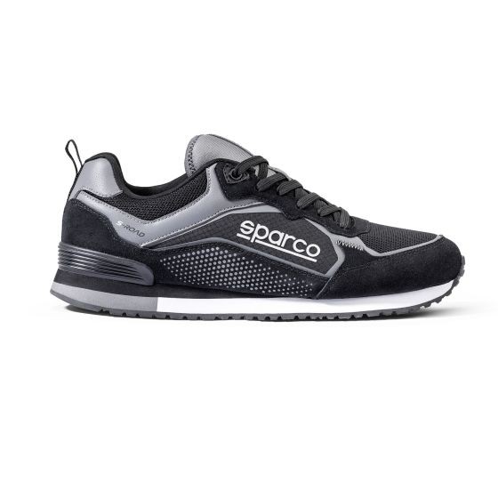Black and grey Sparco S-Road shoes featuring a mesh upper, suede accents, a cushioned sole, and a prominent logo on the side, sized UK 7 / EUR 41.