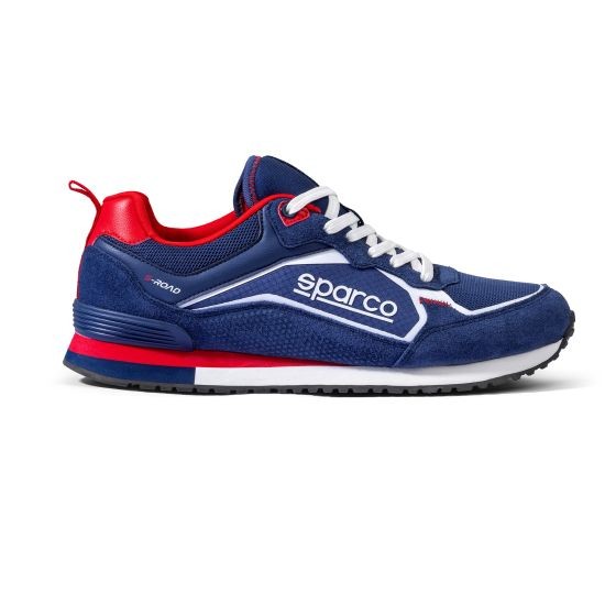 Navy blue and red Sparco S-Road shoes, featuring a suede and mesh upper, white laces, and a cushioned sole, size UK 9 / EUR 43.