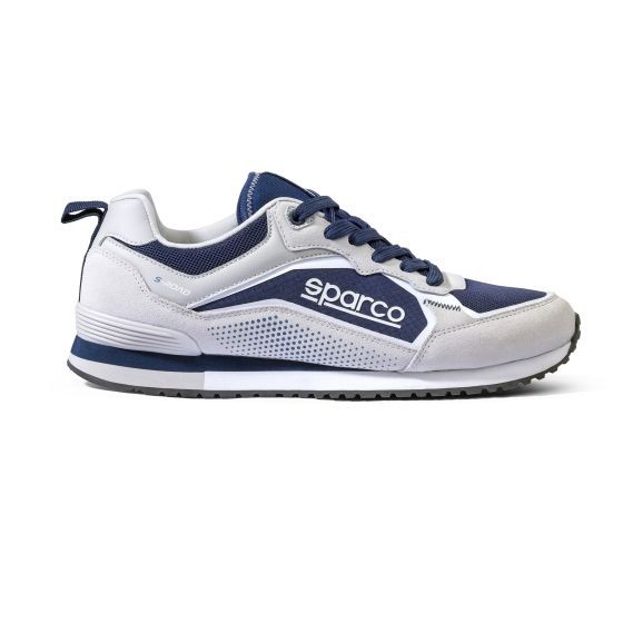 Sparco S-Road shoes in white and navy, featuring a breathable mesh upper, padded collar, lace-up front, and a textured rubber sole, size UK 6.5 / EUR 40.