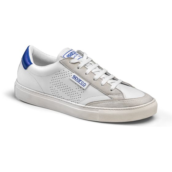 White and blue Sparco S-Time shoes, size UK 9 / EUR 43, featuring a smooth leather upper, perforated detailing, and a textured rubber sole.