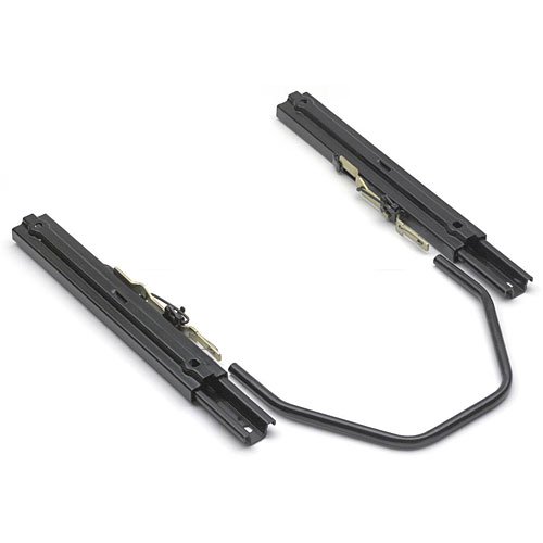 Black metal flat seat track set featuring two parallel tracks with a curved connecting piece, designed for secure seat installation in vehicles.