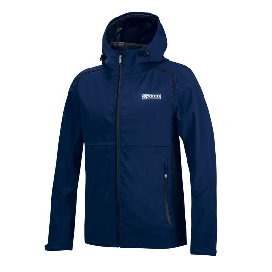 Navy blue and black Sparco Shell Waterproof Jacket in size L, featuring a hood, zippered pockets, and a sleek, lightweight design suitable for wet weather.