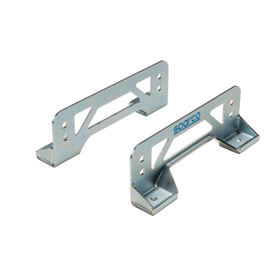 Sparco side mount brackets for ADV Prime 8862 seat, featuring a shiny silver metal finish, with cut-out designs for weight reduction and multiple mounting holes for installation.