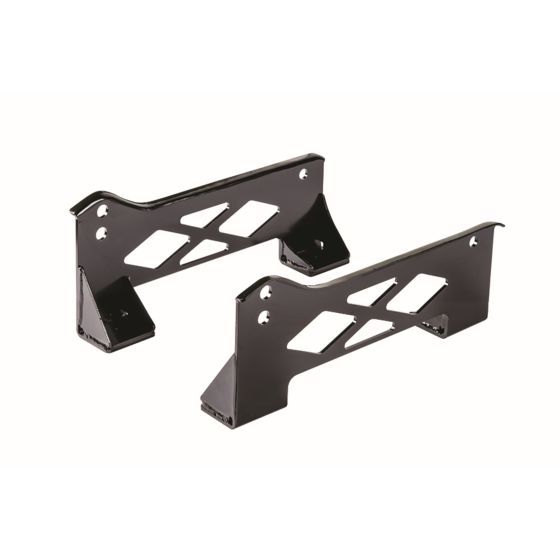 Black metal side mounts designed for Sparco ADV XT seats, featuring a sturdy construction with cut-out patterns for weight reduction and multiple mounting holes for versatility.
