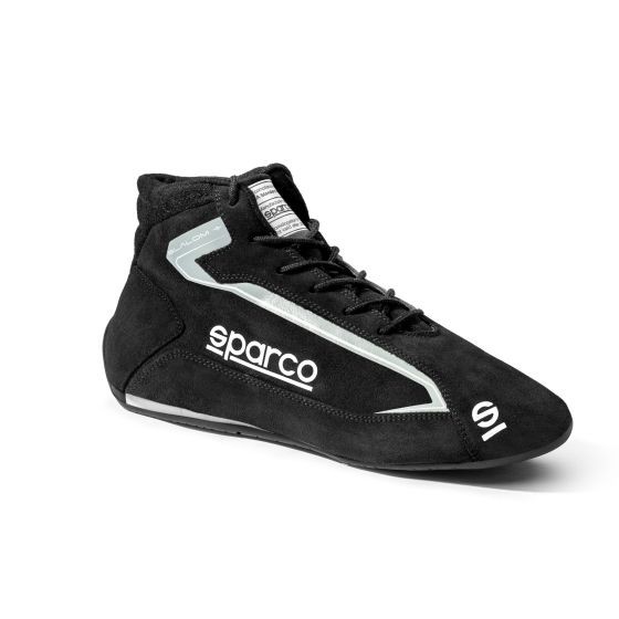 Black Sparco Slalom + Race Boots in size UK 5.5 / Eur 39, featuring a sleek design, suede material, and prominent white Sparco logo on the side.