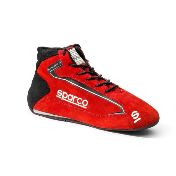 Red Sparco Slalom + Race Boots made of suede with black accents, featuring a lace-up design, padded collar, and prominent white Sparco logo on the side, size UK 7 / EUR 41.