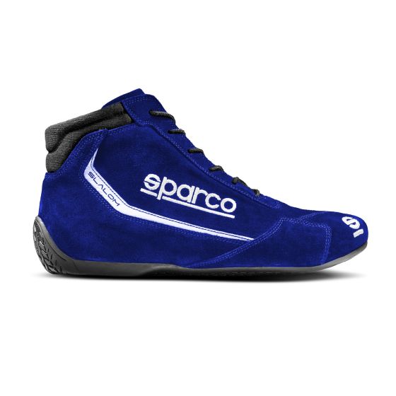 Blue suede Sparco Slalom race boots with black lining, featuring white branding and a lace-up design, size UK 5.5 / EUR 39.