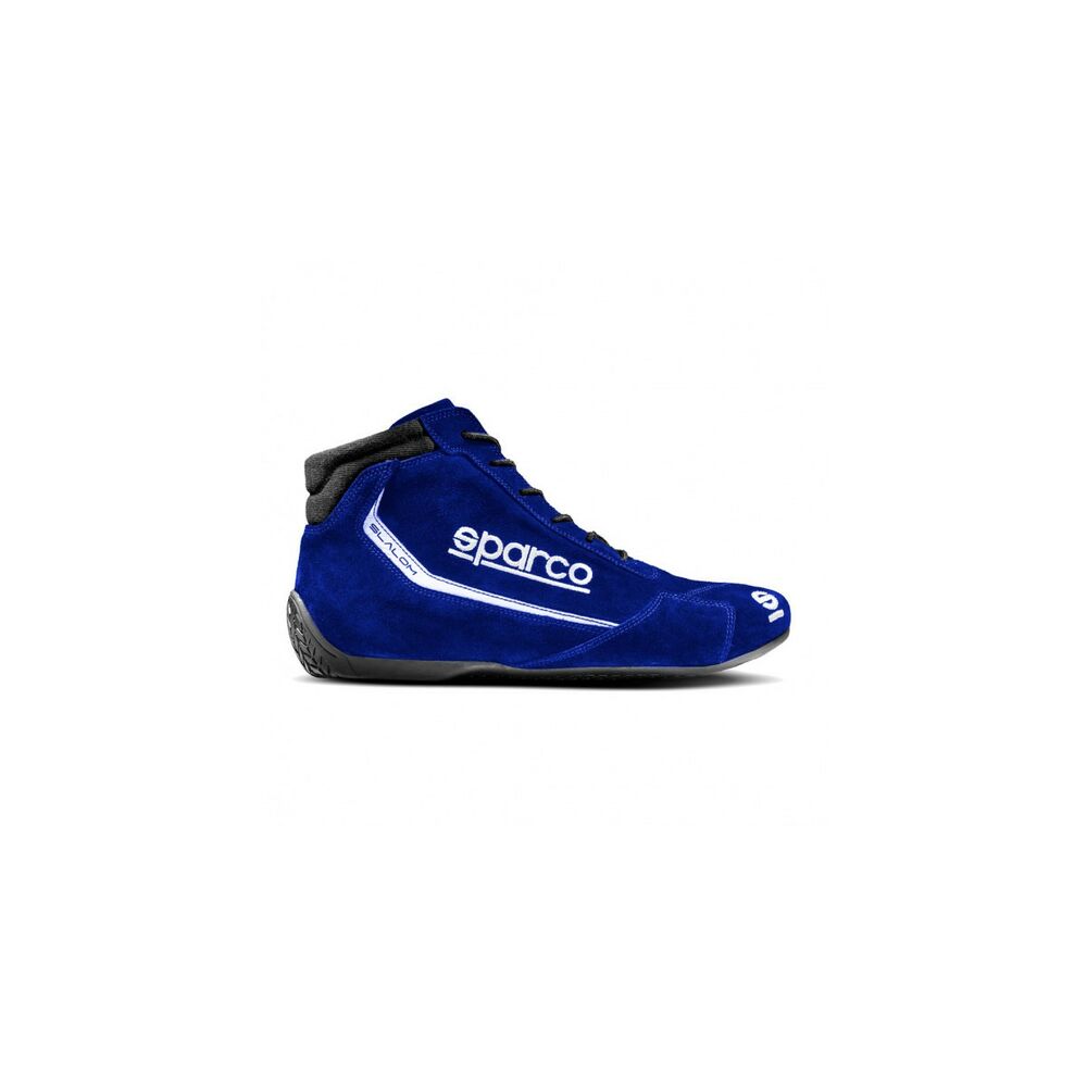 Blue suede Sparco Slalom race boots with a high-top design, featuring white logo detailing and a textured rubber sole, size UK 6.5 / EUR 40.