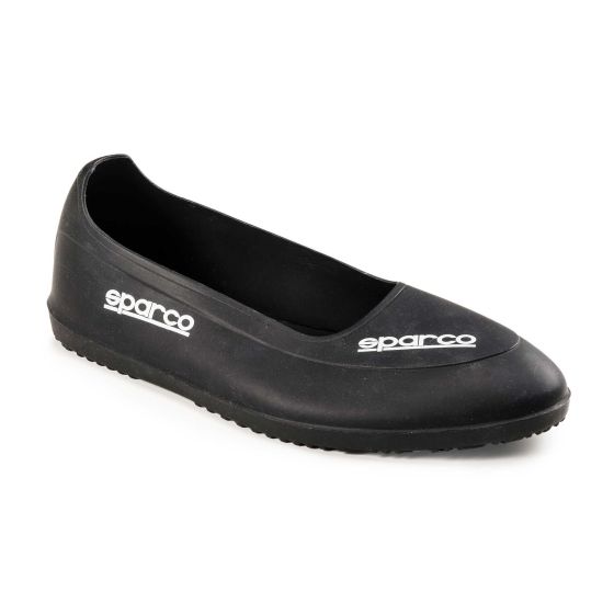 Black rubber slip-on overshoes with a smooth finish, featuring a rounded toe and a textured sole, branded with the white "Sparco" logo on the front.