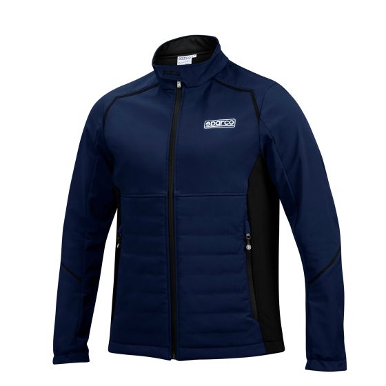 Navy blue and black Sparco Soft Shell Jacket in size L, featuring a zip front, padded chest, and side pockets, designed for comfort and style.
