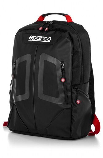 Black and red Sparco Bag Stage features a sleek design with padded shoulder straps, two zippered front pockets, and a prominent Sparco logo on the front.