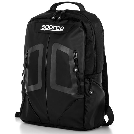 Sparco's BlackBlack Stage Bag features a sleek black design, durable fabric, two front zippered pockets, and padded shoulder straps for comfort.