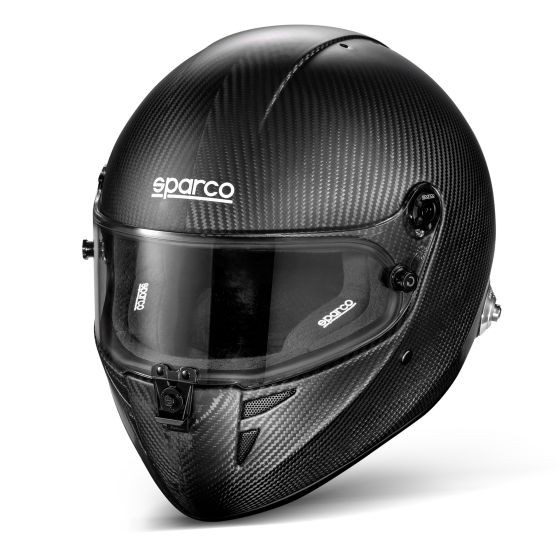 Sparco Stealth RF Carbon Helmet in black with a glossy carbon fiber finish, featuring a clear visor and ventilation ports, size L (60cm).