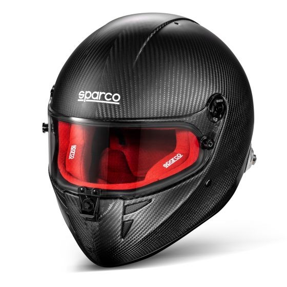 Sparco Stealth RF Carbon Helmet in black carbon fiber with a red interior lining, featuring a tinted visor and size L (60cm) for racing or motorsport use.