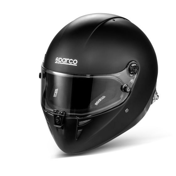 Sparco Stealth RF helmet in matte black with a clear visor, featuring ventilation ports and a sleek design, size S (55-56cm) with a black interior lining.