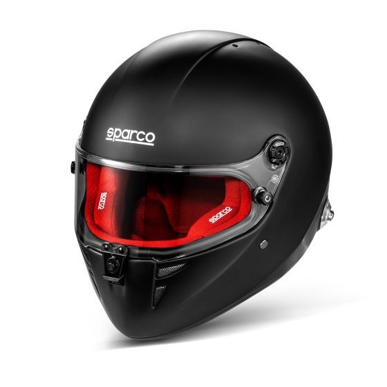 Sparco Stealth RF helmet in matte black with a red interior lining, featuring a sleek design, visor, and adjustable ventilation, size XS (53-54cm).