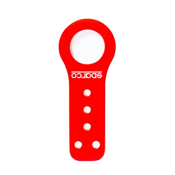 Red steel towing eye with a circular opening and four holes for mounting, featuring the Sparco logo prominently displayed.