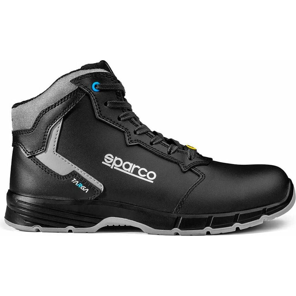 Black racing safety shoes by Sparco, model Targa-H, featuring a high-top design, lace-up front, grey accents, and a durable sole, size 41.