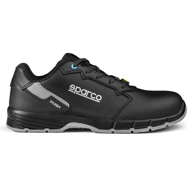 Black Sparco Targa racing safety shoes with a sleek design, featuring a gray sole, blue and yellow accents, and the Sparco logo prominently displayed on the side.
