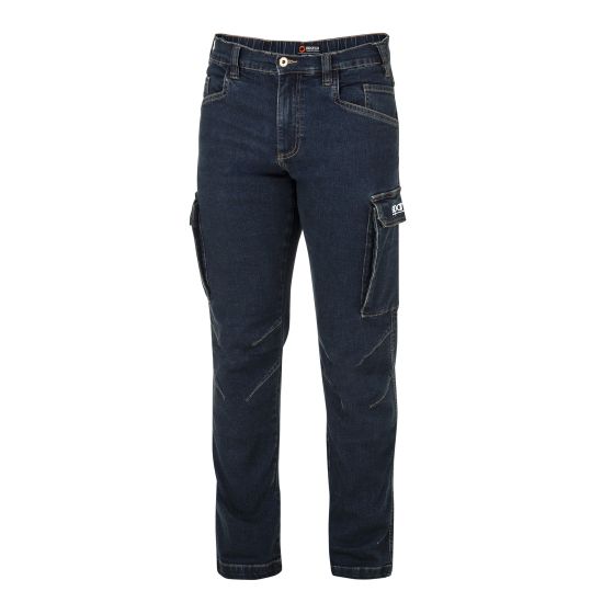 Sparco Tech Denim Jeans in blue, size M, featuring a modern fit, cargo pockets, and a distressed finish for a stylish, rugged look.