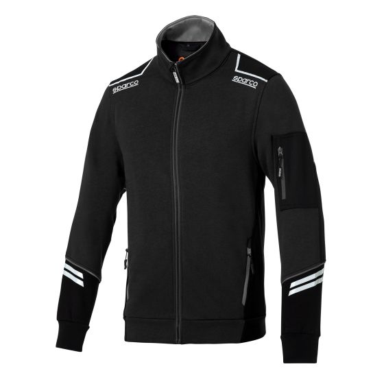 Black and grey Sparco Tech full zip jacket in size M, featuring a high collar, zippered pockets, and reflective stripes on the sleeves for visibility.