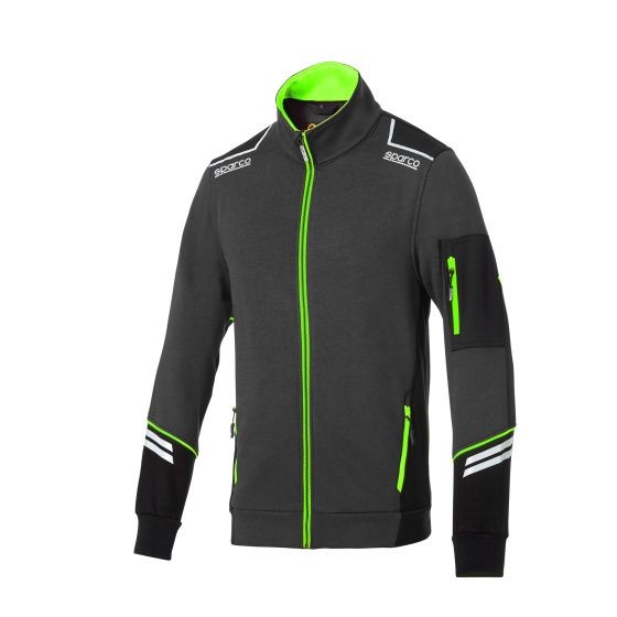 Grey full zip jacket with fluro green accents, featuring a high collar, zippered pockets, and sporty stripes on the sleeves, made from a comfortable material, size M.