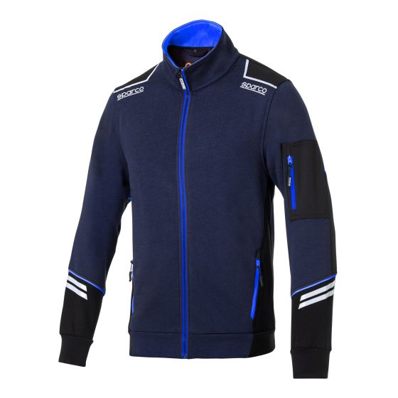 Navy blue full zip jacket with cyan accents, featuring a high collar, zippered pockets, and Sparco branding on the chest and sleeve, made from a comfortable material.