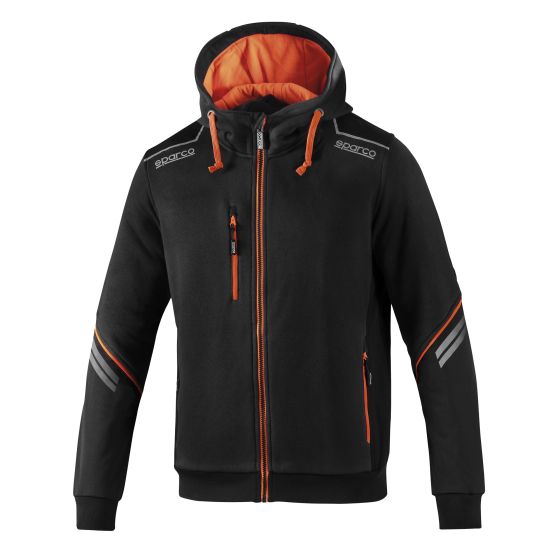 Black hoodie with fluro orange accents, featuring a zippered front, adjustable hood, and reflective stripes, sized XXXL by Sparco.