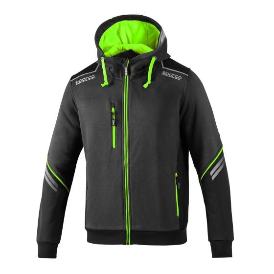 Grey hoodie with fluro green accents, featuring a zip front, adjustable hood, and reflective stripes on the sleeves, made from soft material, size XXL.