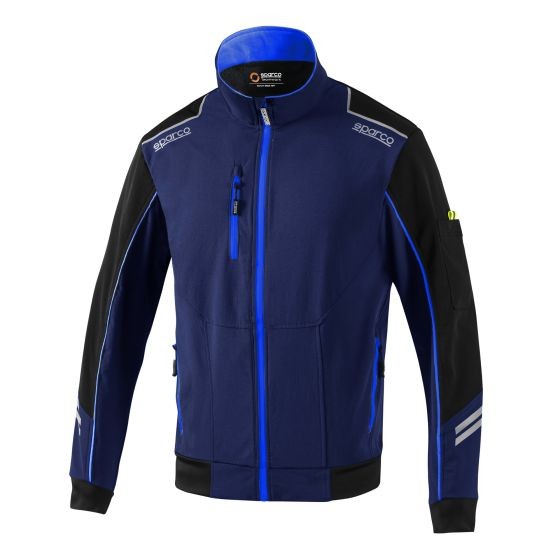 Navy blue and cyan Sparco Tech Light Shell Jacket in size M, featuring a zippered front, high collar, and contrasting black sleeves with reflective stripes.
