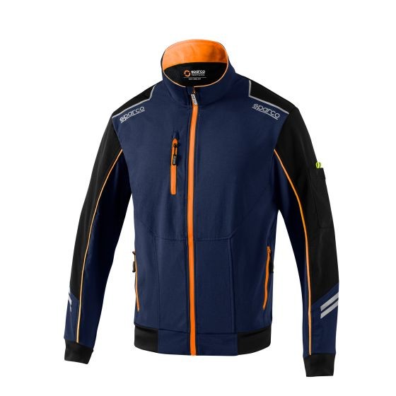 Navy blue shell jacket with fluro orange accents, featuring a zip front, high collar, and black sleeves, designed for a sporty look, size M by Sparco.