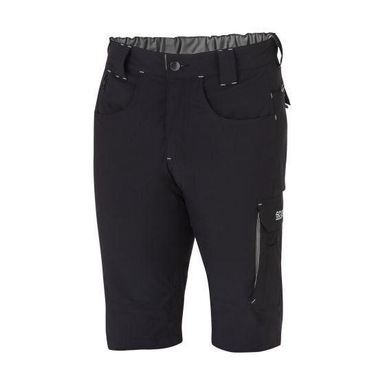 Black and grey Sparco Tech Light Shorts in size S, featuring multiple pockets, a comfortable elastic waistband, and a sleek, lightweight design suitable for active wear.