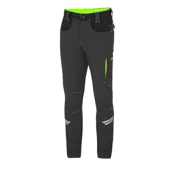 Grey trousers with fluro green accents, featuring a high waistband, multiple pockets, and reflective details, made from durable material, size XXL.