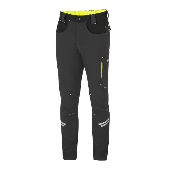 Grey trousers with fluro yellow accents, featuring multiple pockets, a drawstring waist, and reflective stripes for visibility, made from durable material, size M.