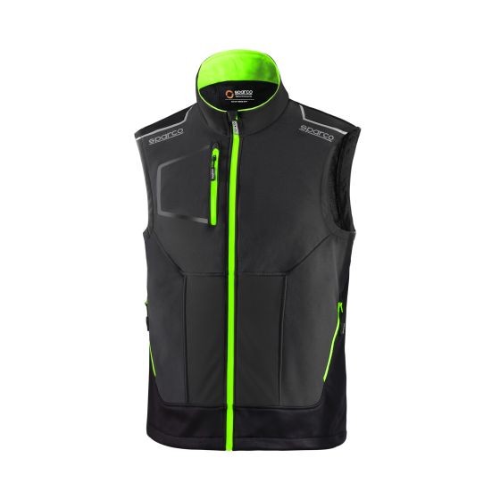 Grey and fluro green Sparco Tech Light Vest, size S, featuring a zip front, high collar, and multiple zippered pockets for functionality.