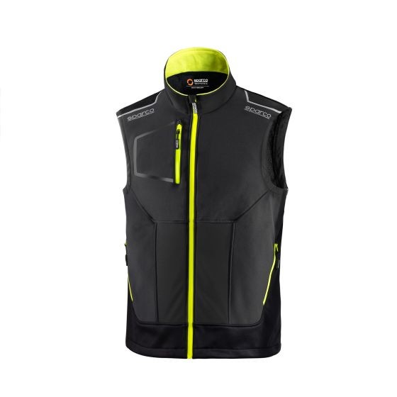 Grey and fluorescent yellow Sparco Tech Light Vest in size XL, featuring a zip front, high collar, and multiple pockets for functionality.