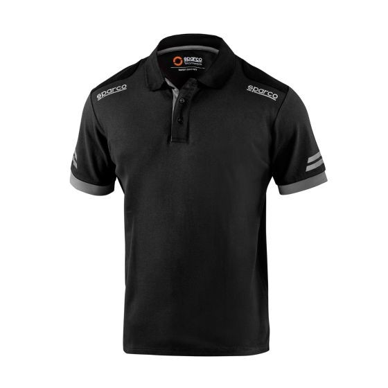 Black and grey Sparco Tech Polo Shirt in XXL, featuring a classic collar, short sleeves, and distinctive grey stripes on the sleeves with Sparco branding on the shoulders.