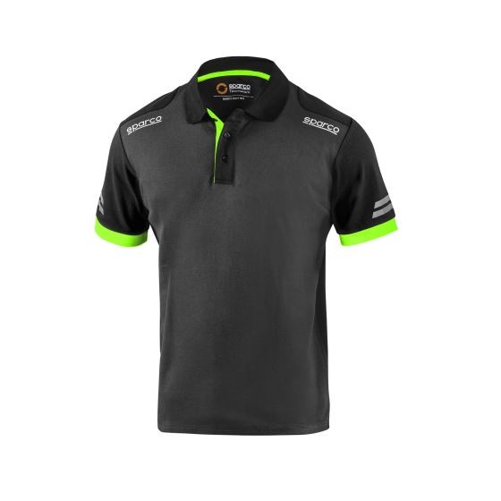 Grey polo shirt with fluro green accents, featuring a three-button placket, short sleeves, and Sparco branding on the shoulders. Size M.