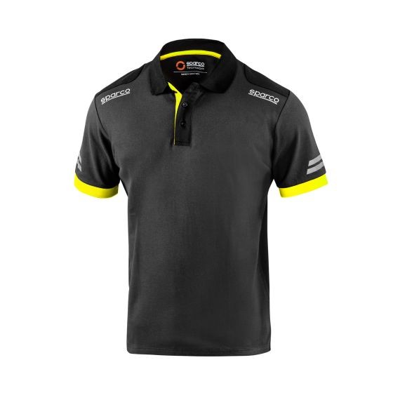 Grey polo shirt with fluro yellow accents on the collar and sleeves, featuring Sparco branding on the shoulders and three stripes on the sleeves, size XL.