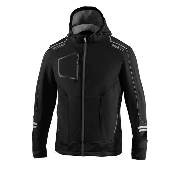 Black and grey Sparco Tech Soft Shell Jacket in size XXL, featuring a hood, zippered front, and reflective accents on sleeves and shoulders.